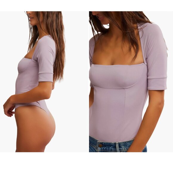 Free People || "Everly" Square Neck Bodysuit || Sea Fog - Picture 2 of 7